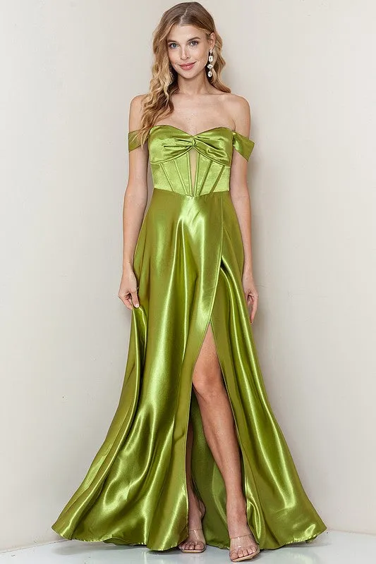 Olive Off Shoulder Corset Shiny Satin Slit Maxi Dress