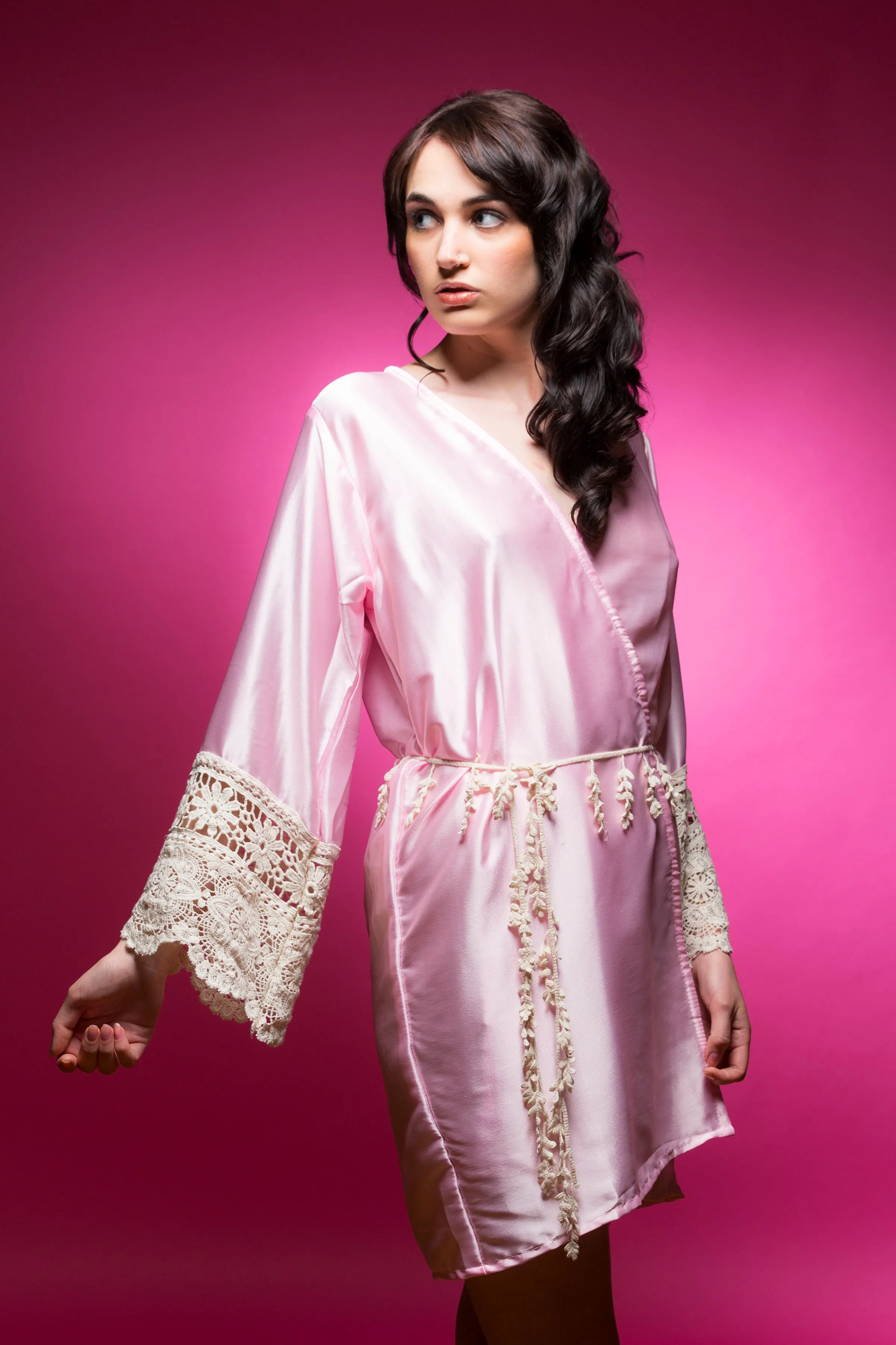 Pink Satin Robe with Lace Accented Cuffs