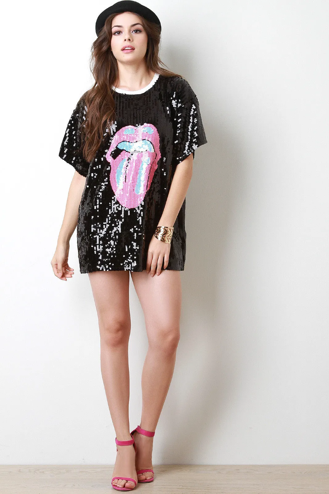 Pink Tongue Sequined Shift Dress