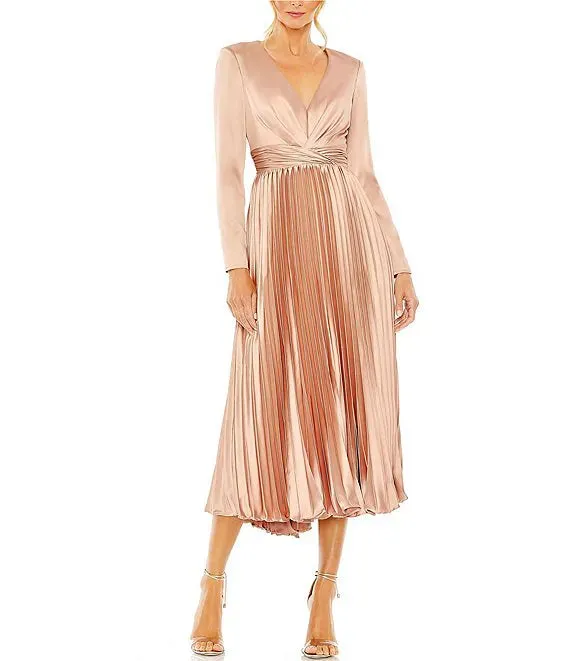 Pleated Satin V-Neck Long Sleeve Fit and Flare Midi Dress Cocktail Dresses