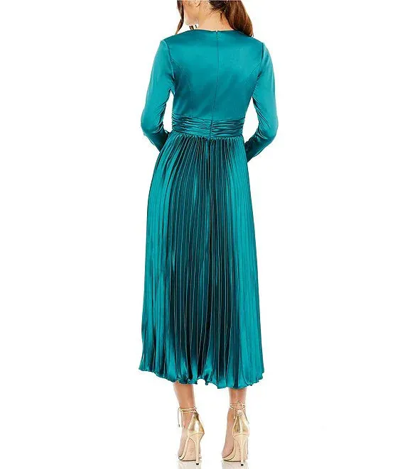 Pleated Satin V-Neck Long Sleeve Fit and Flare Midi Dress Cocktail Dresses