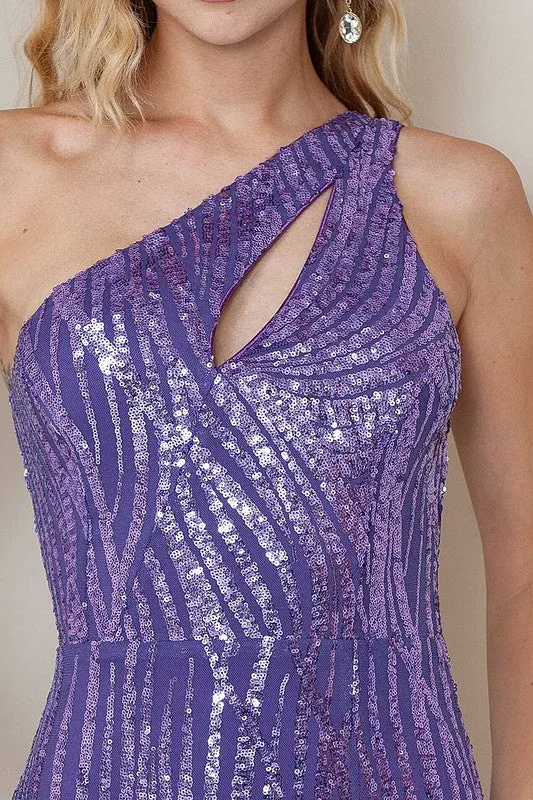 Purple One Shoulder Lace Up Back Slit Sequin Maxi Dress