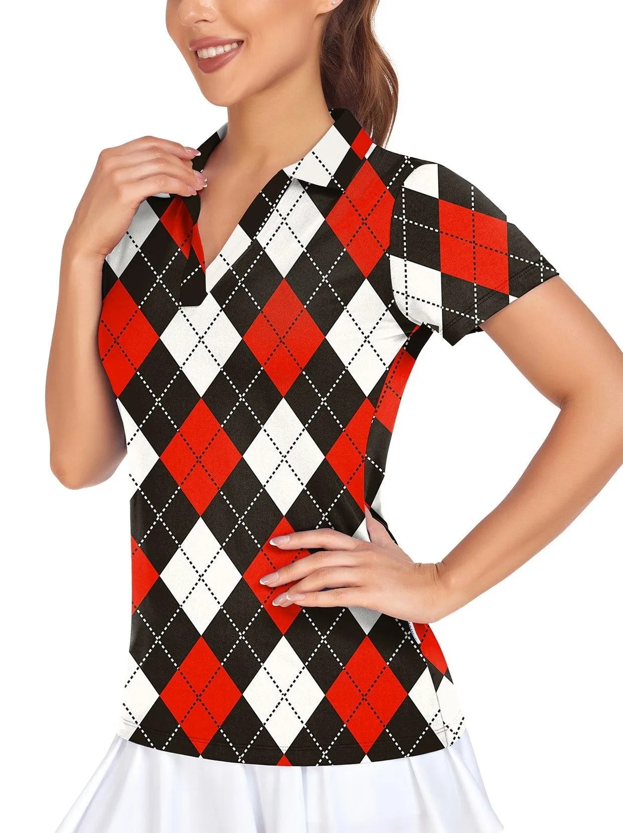 Red & Black Checkerboard V-neck Short-sleeve Golf Polo for Women