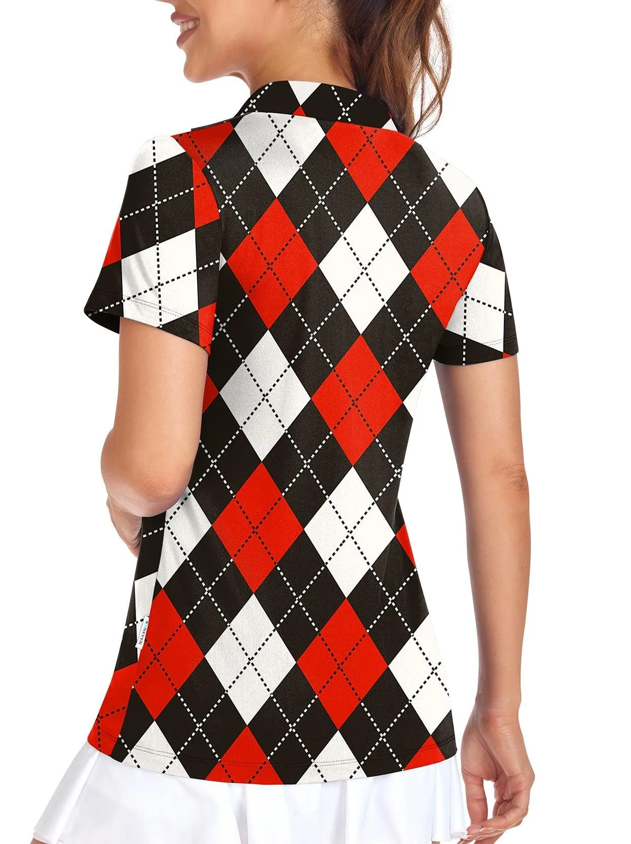 Red & Black Checkerboard V-neck Short-sleeve Golf Polo for Women