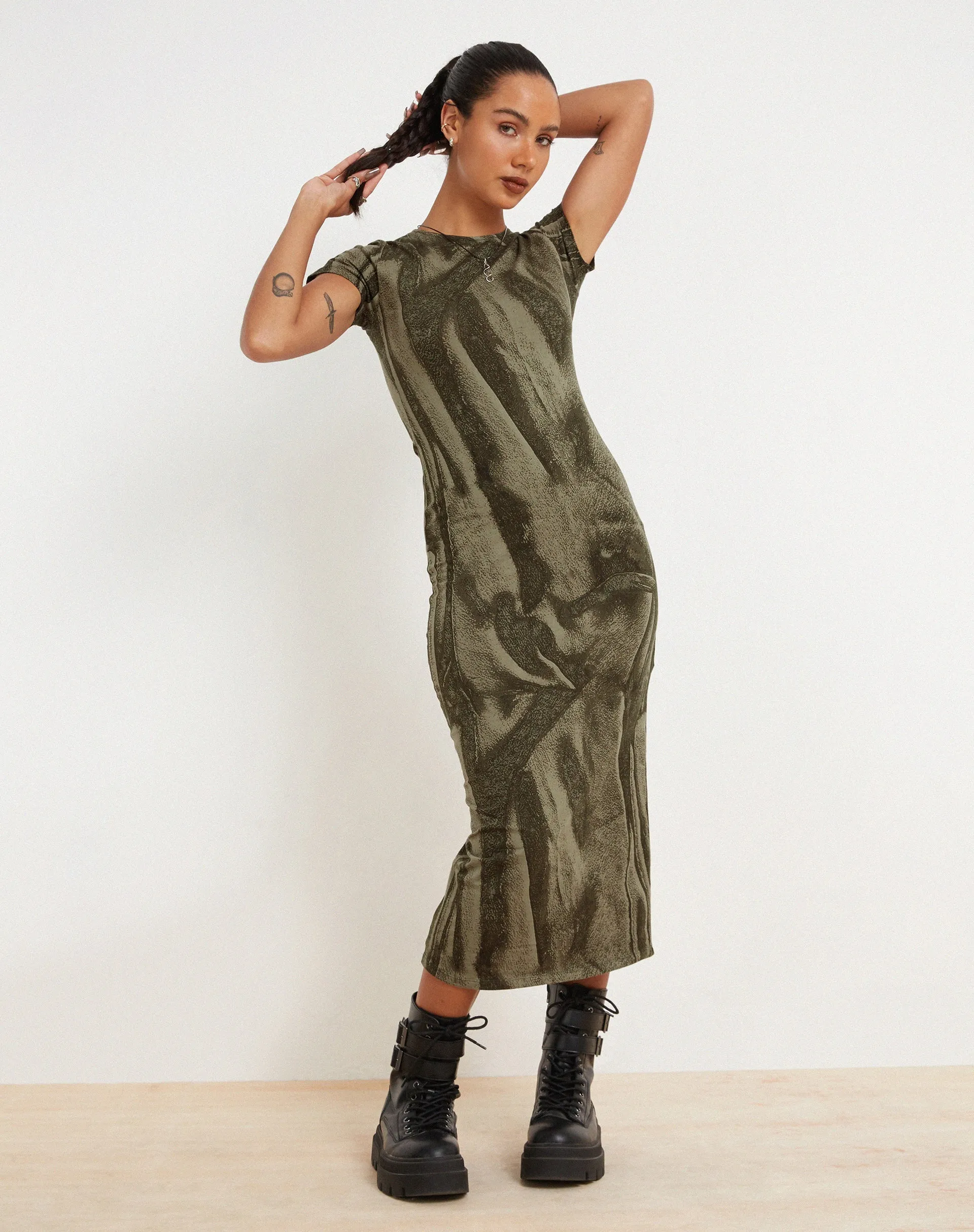 Rosika Midi Dress in Dystopian Crease Khaki