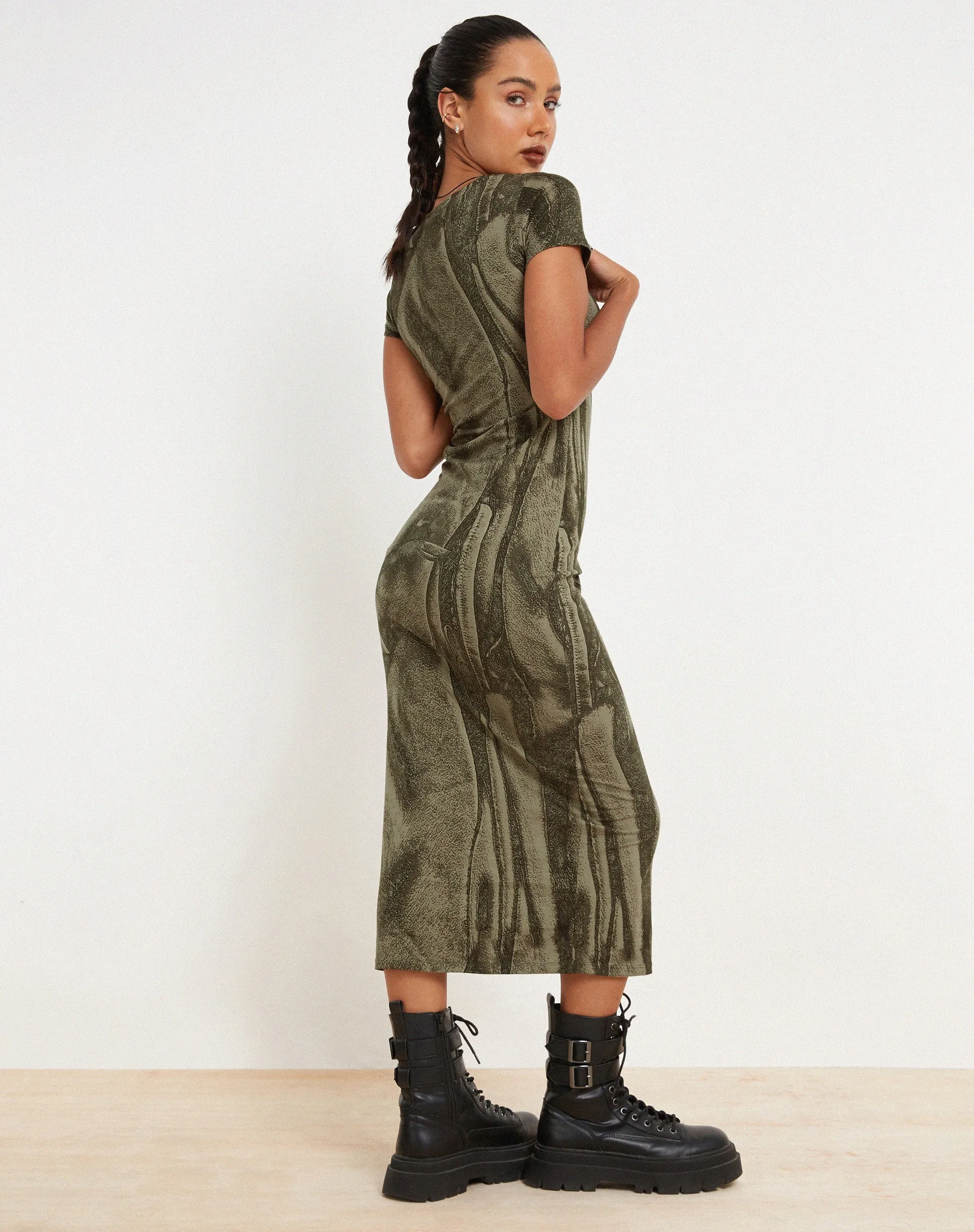 Rosika Midi Dress in Dystopian Crease Khaki