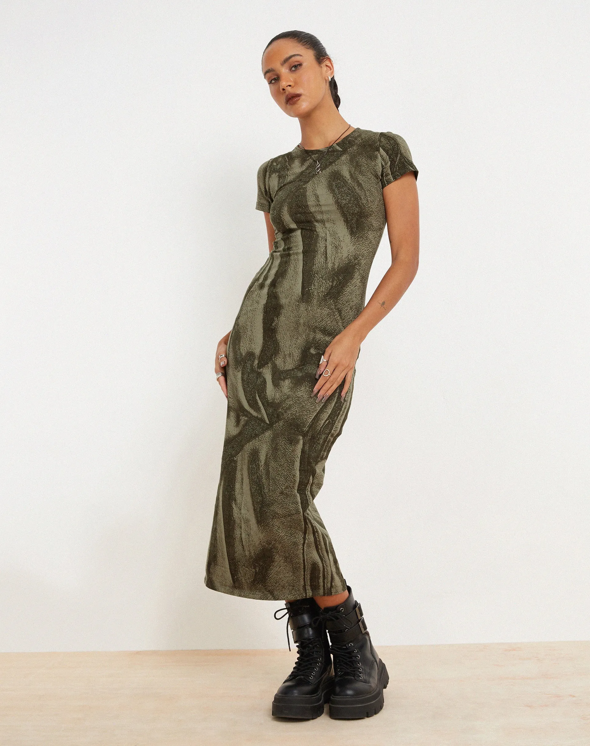 Rosika Midi Dress in Dystopian Crease Khaki