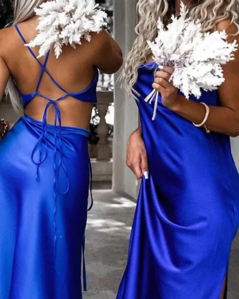 Royal Blue Midi Spaghetti Strap Bridesmaid Dresses Open Back Satin Party Dresses