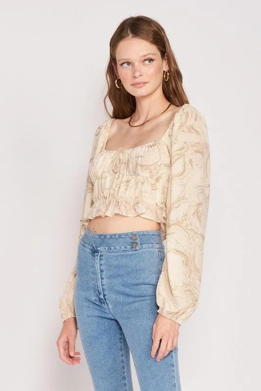 Ruched Long Sleeve Top in Ivory Crop Top