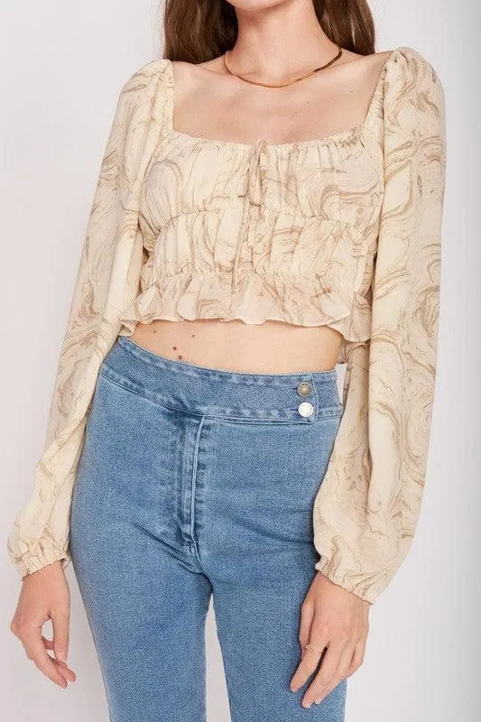 Ruched Long Sleeve Top in Ivory Crop Top