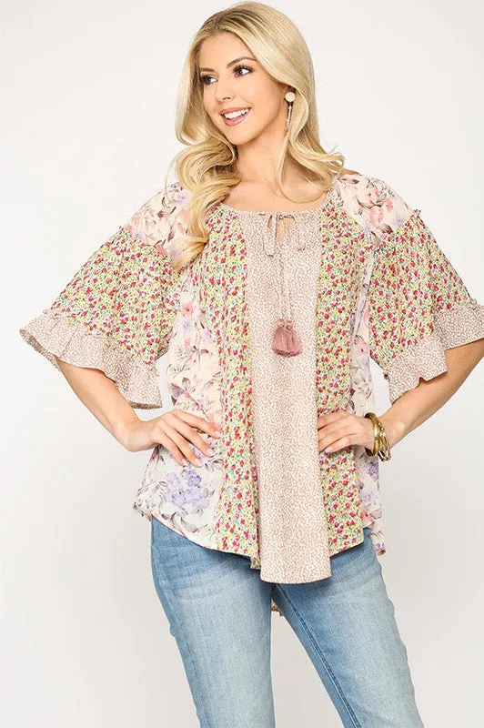 Ruffles Floral Mixed Print Ruffle Sleeve Top - Dusty Rose