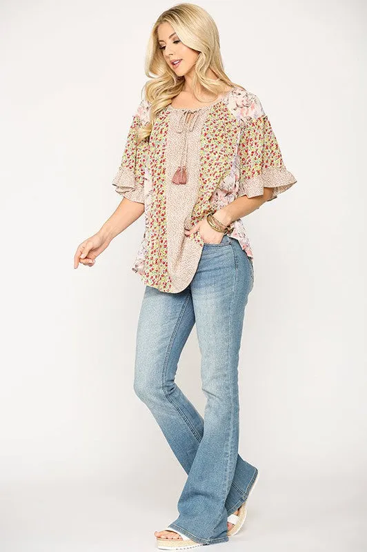 Ruffles Floral Mixed Print Ruffle Sleeve Top - Dusty Rose