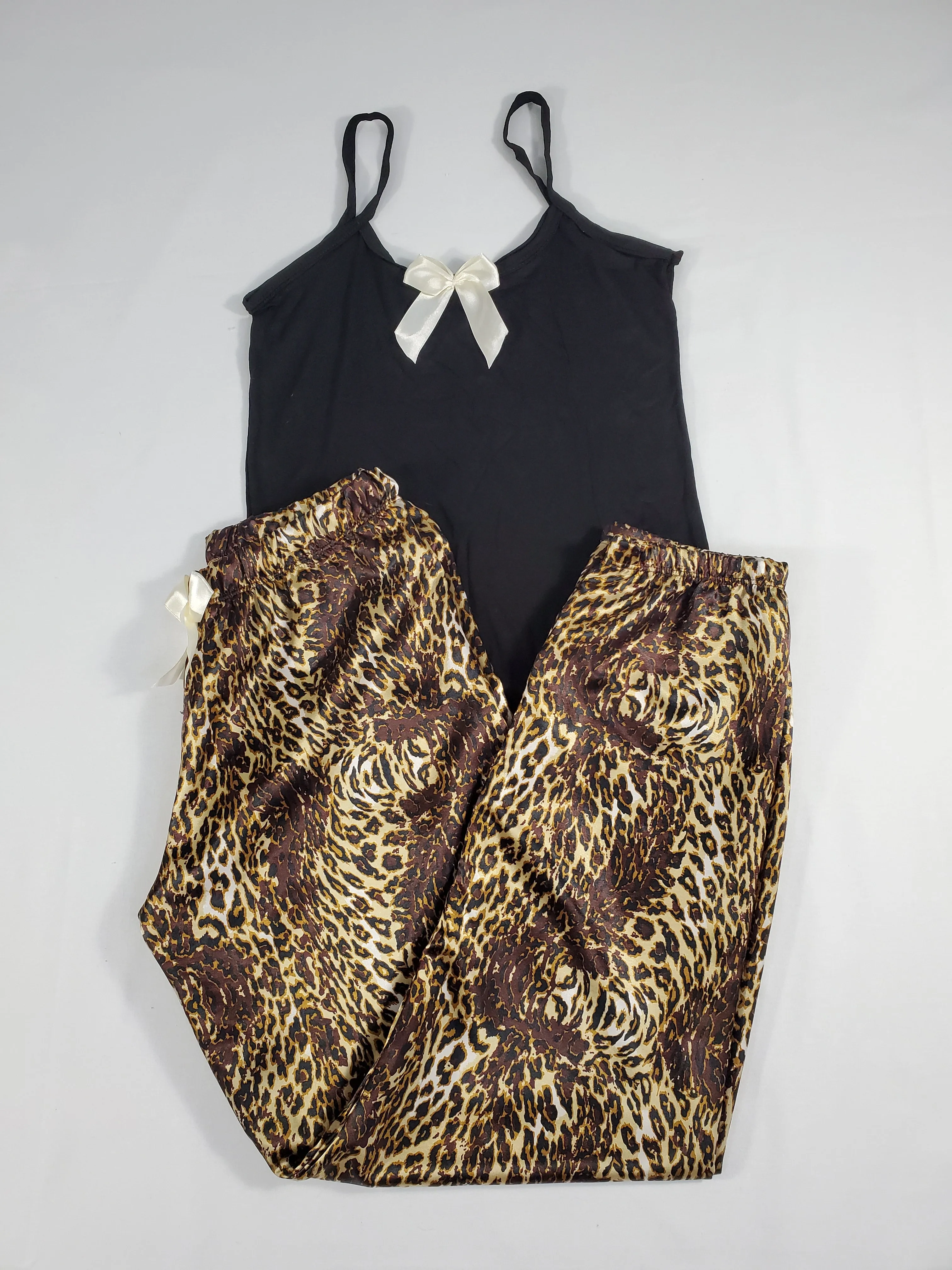 Sexy satin Women's pajama yellow and brown leopard theme pants black blouse