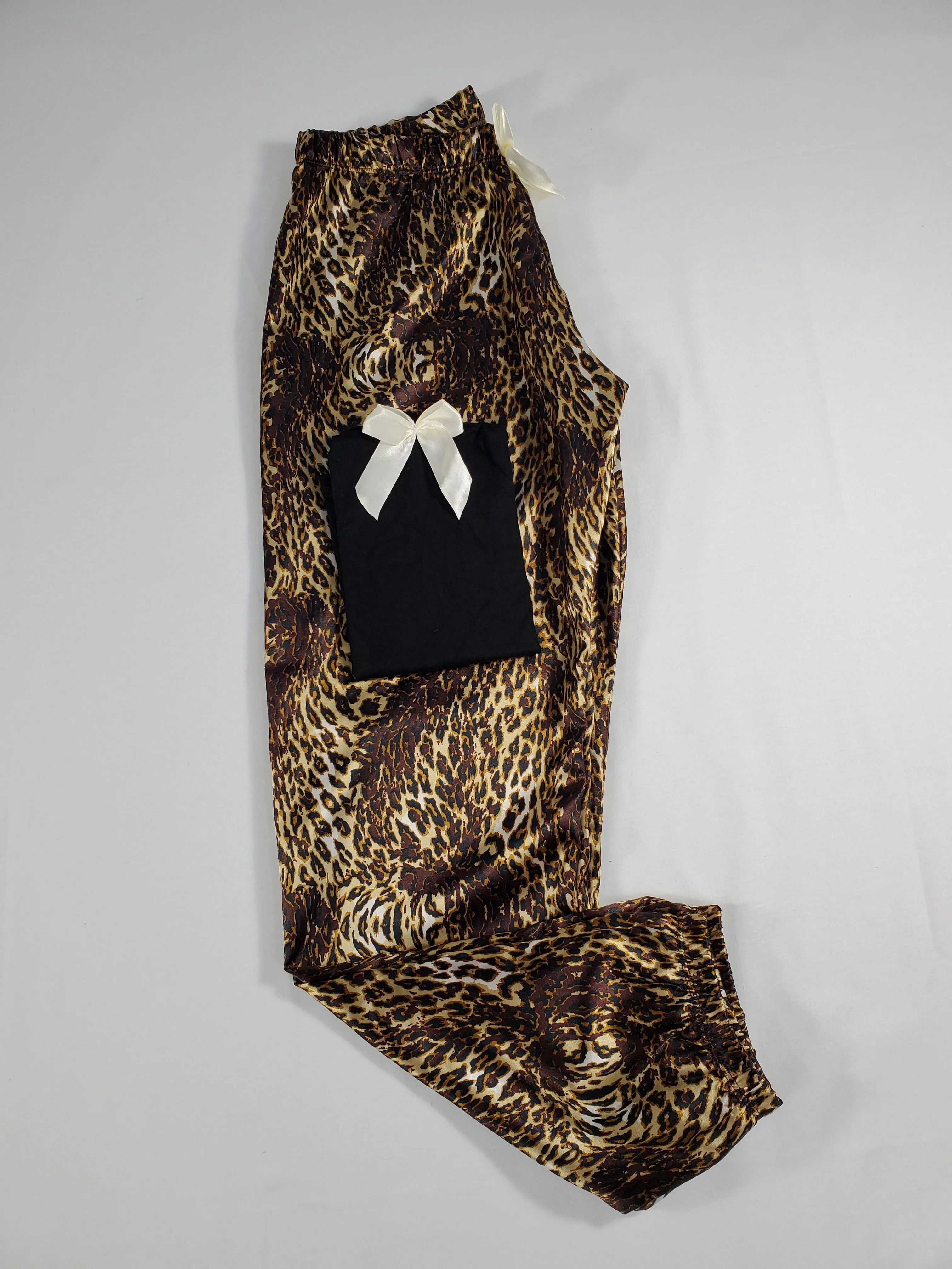 Sexy satin Women's pajama yellow and brown leopard theme pants black blouse