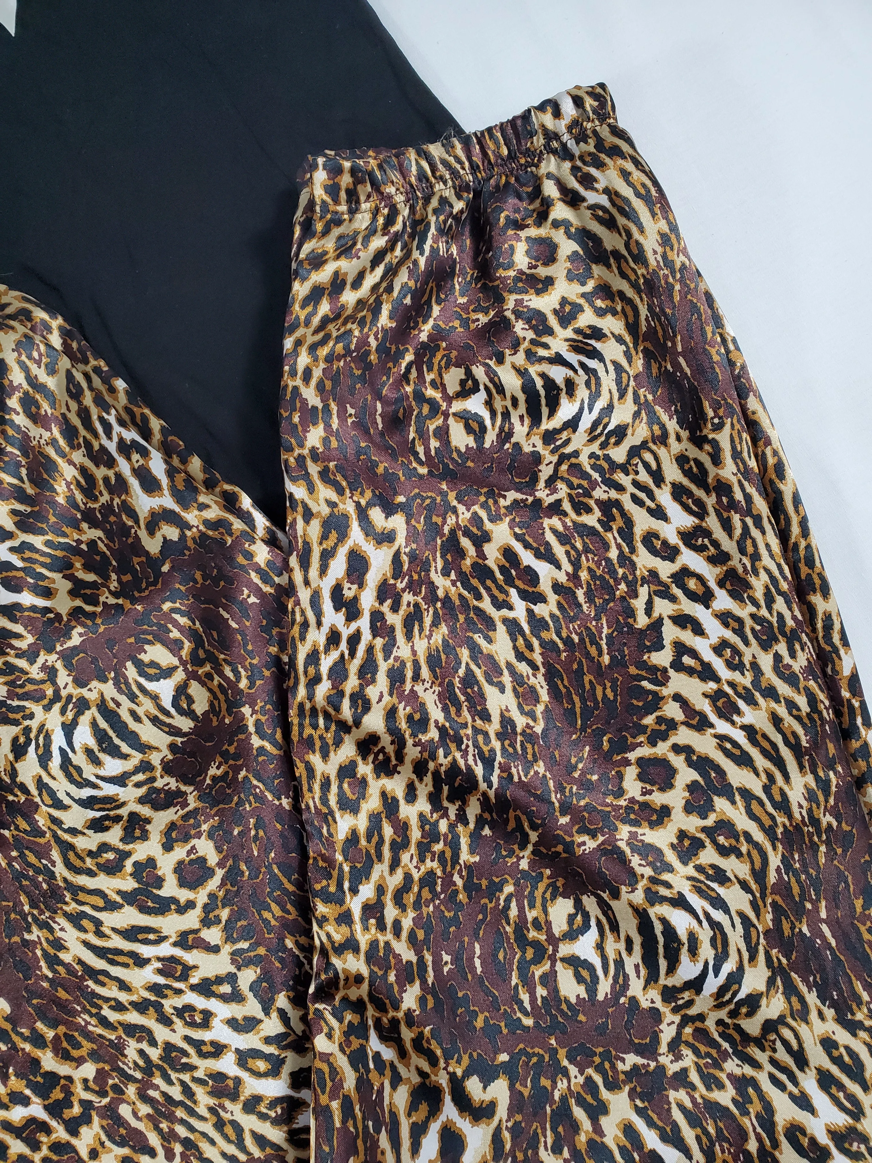 Sexy satin Women's pajama yellow and brown leopard theme pants black blouse