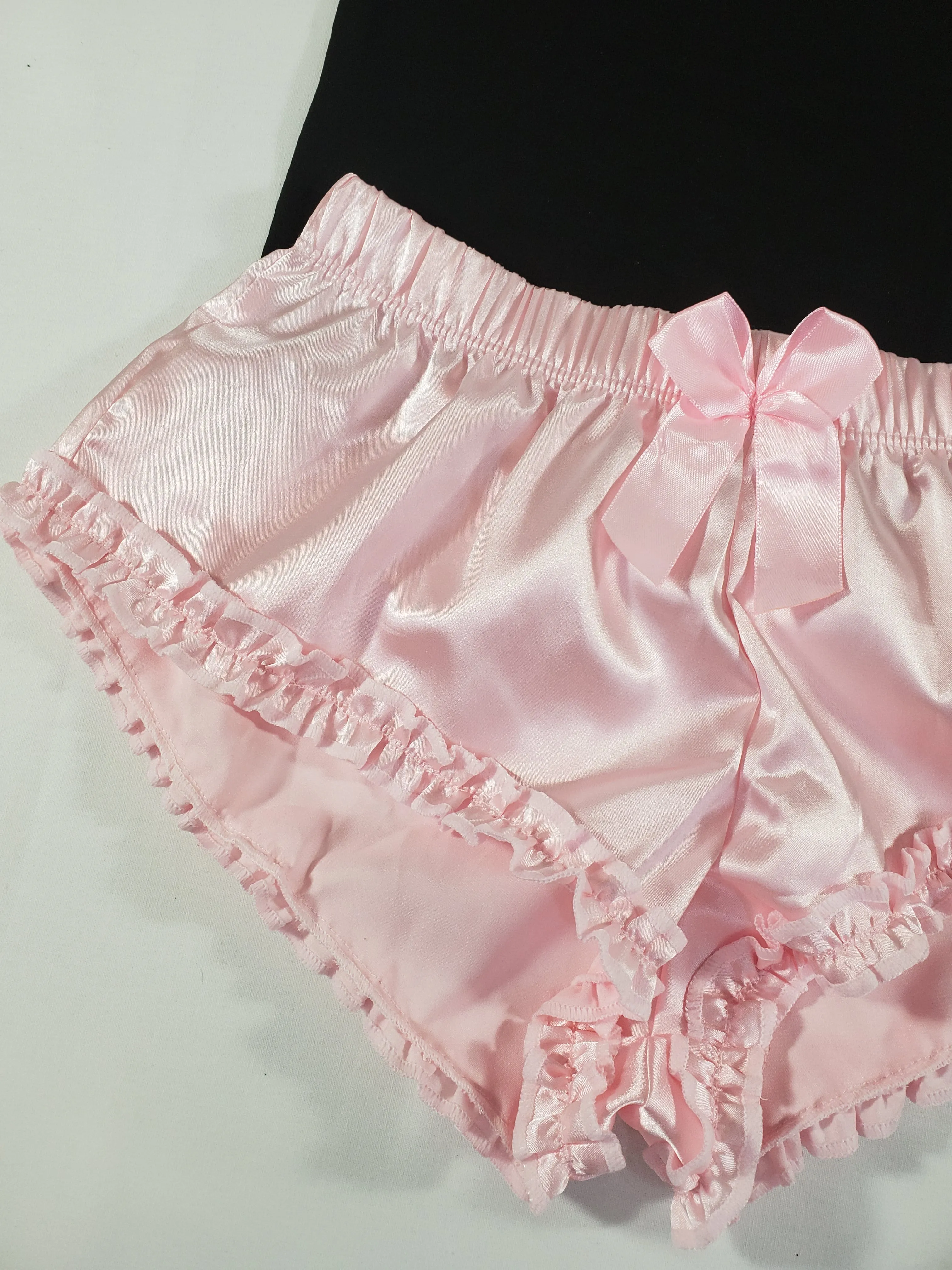 Sexy Women's pajama pink satin shorts black blouse