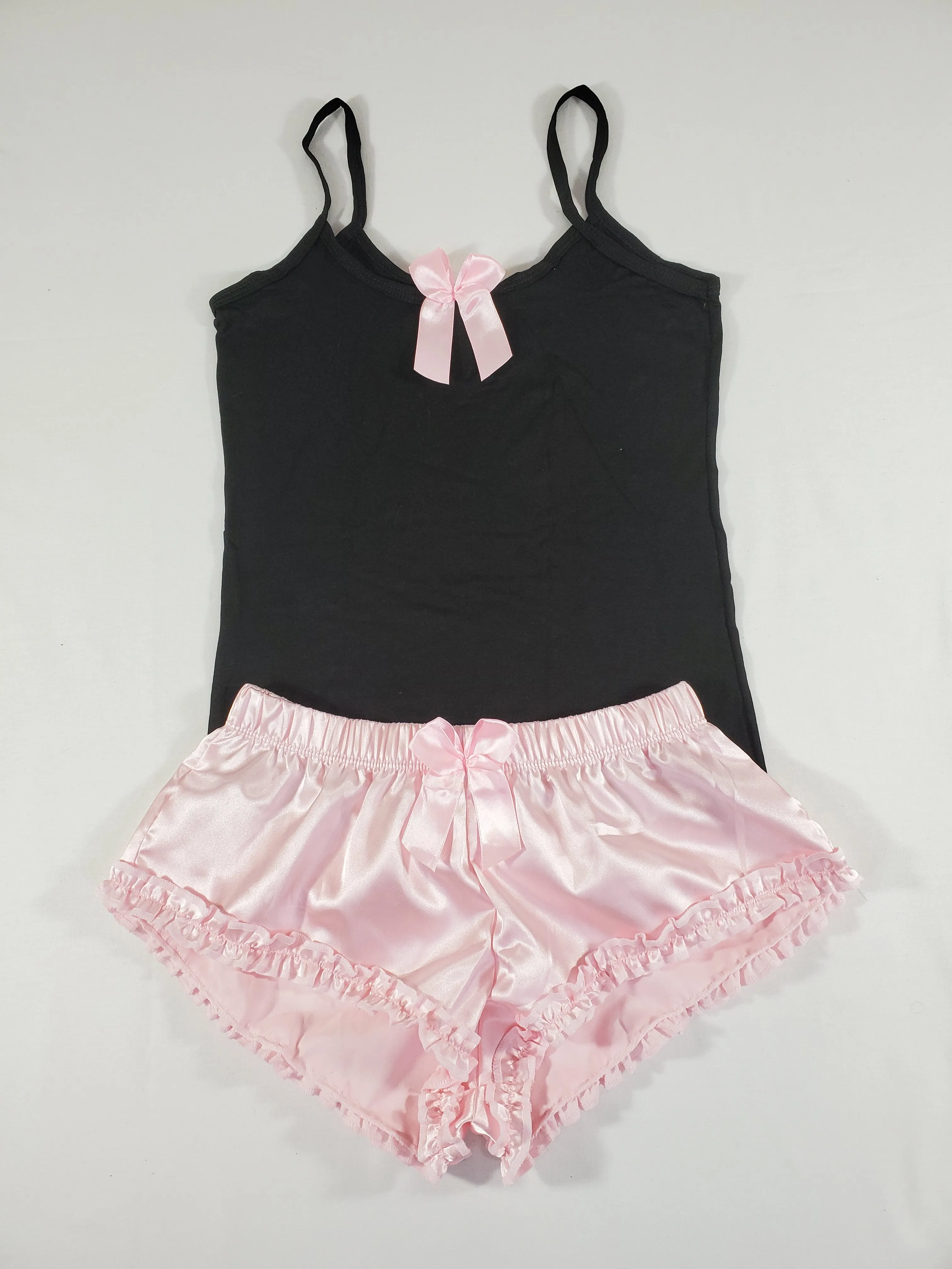 Sexy Women's pajama pink satin shorts black blouse