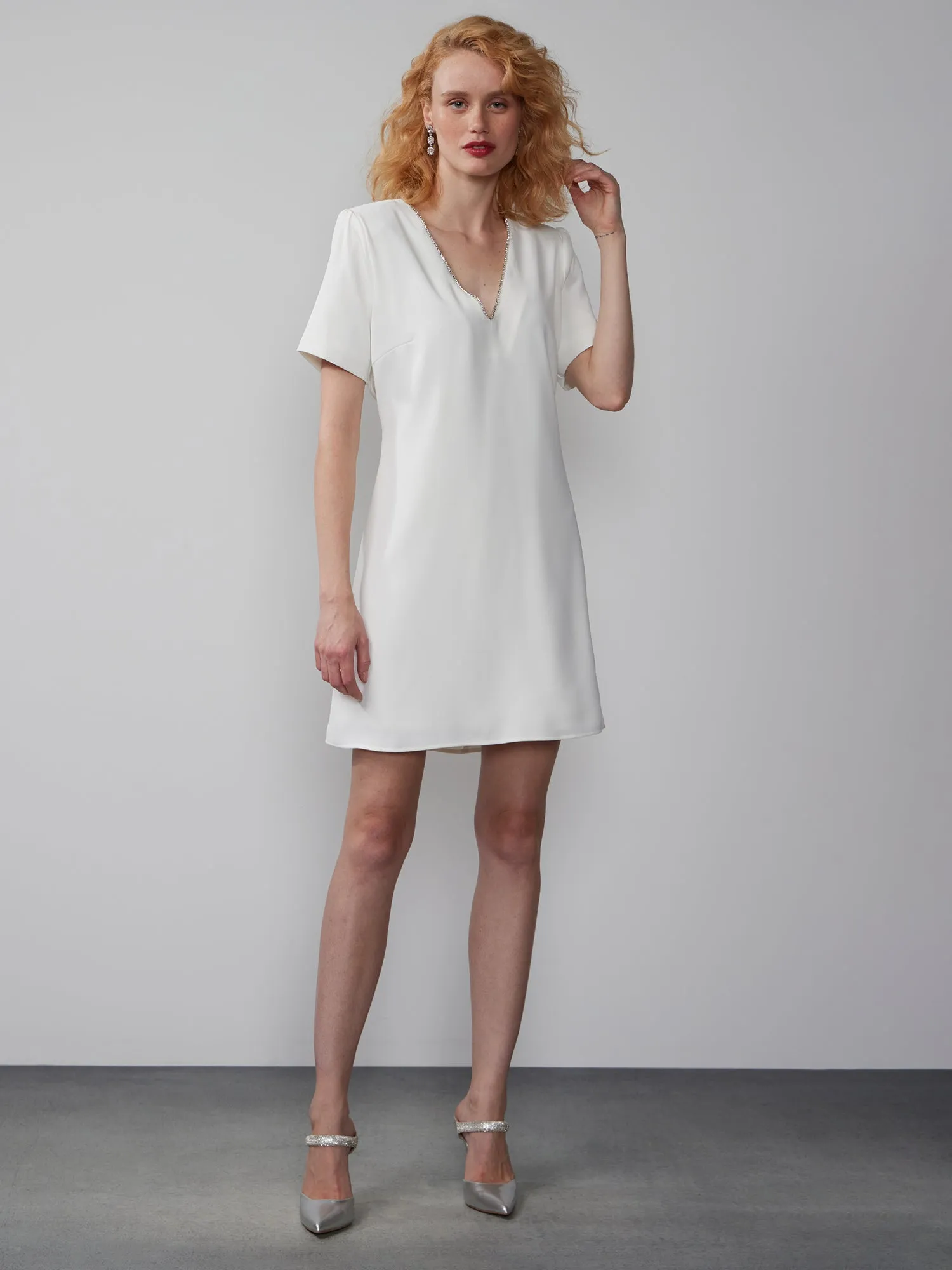 Short Sleeve Rhinestone V-Neck Shift Dress