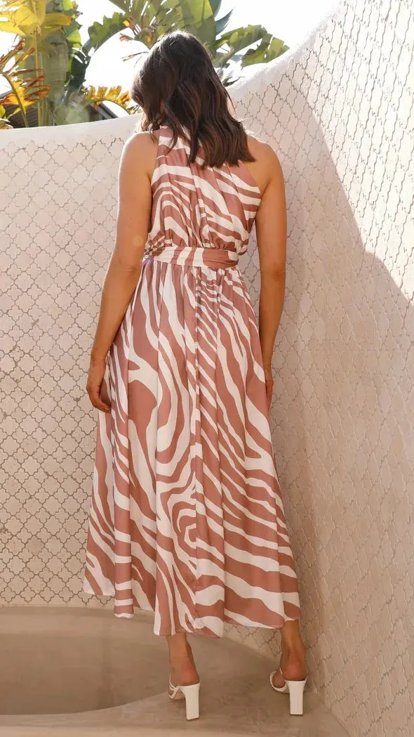 Sleeveless Asymmetric Belted Waist Flowy Maxi Dress