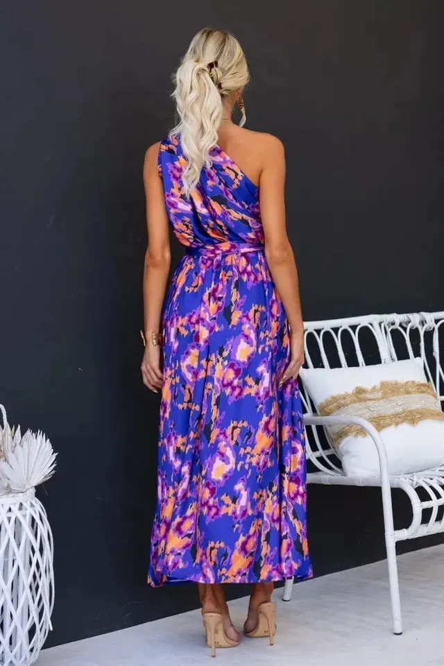 Sleeveless Asymmetric Belted Waist Flowy Maxi Dress