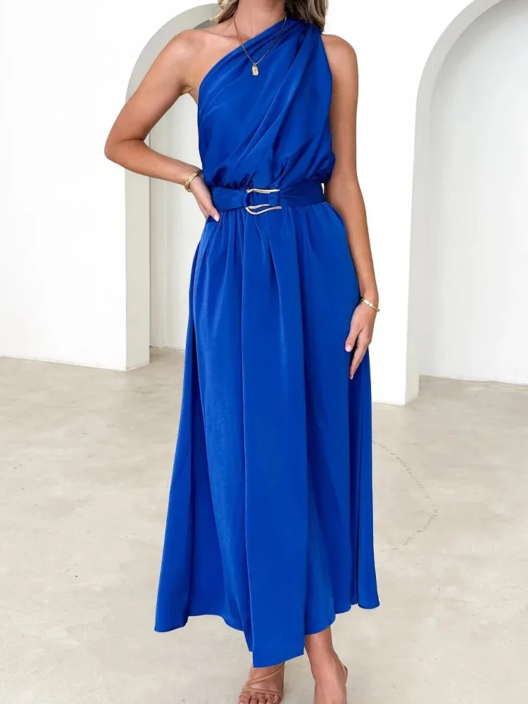 Sleeveless Asymmetric Belted Waist Flowy Maxi Dress