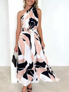 Sleeveless Asymmetric Belted Waist Flowy Maxi Dress