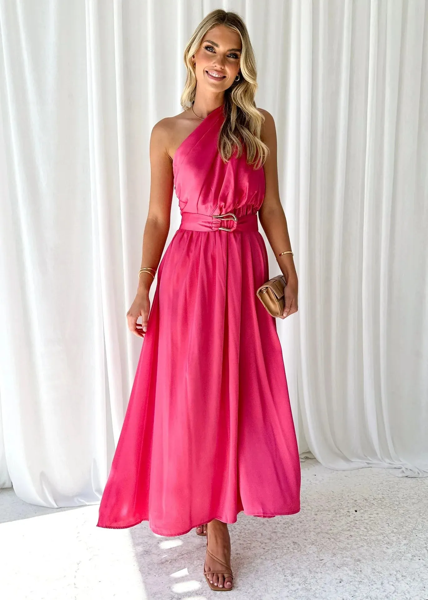 Sleeveless Asymmetric Belted Waist Flowy Maxi Dress