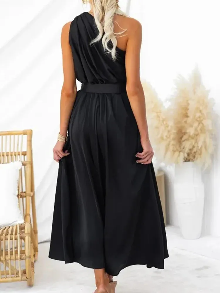 Sleeveless Asymmetric Belted Waist Flowy Maxi Dress