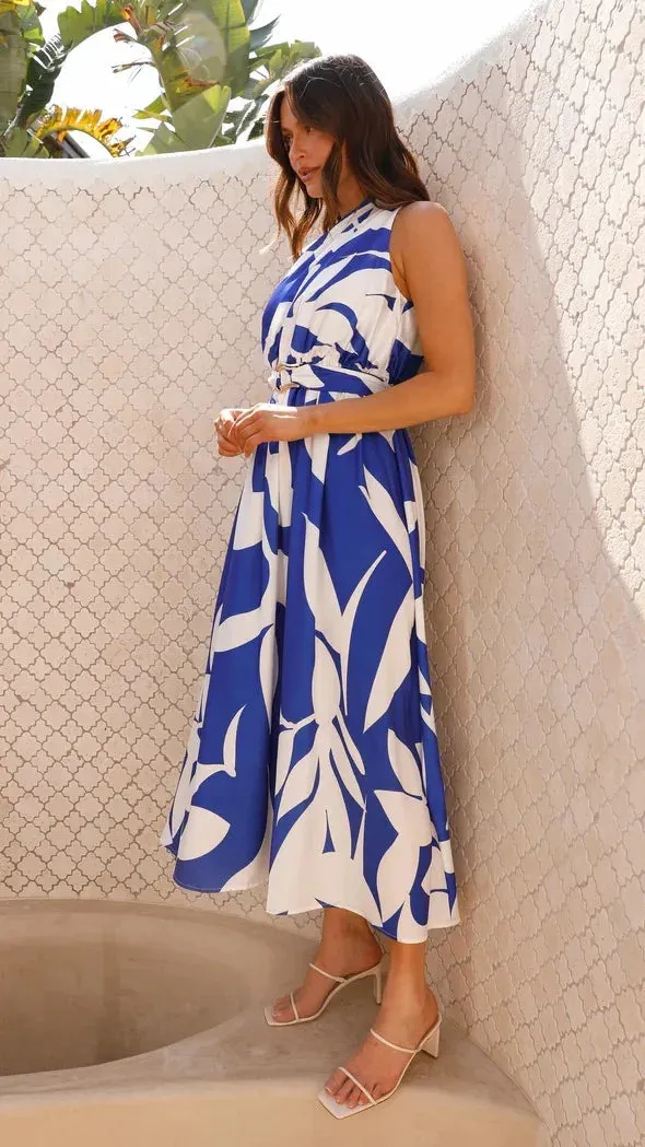 Sleeveless Asymmetric Belted Waist Flowy Maxi Dress