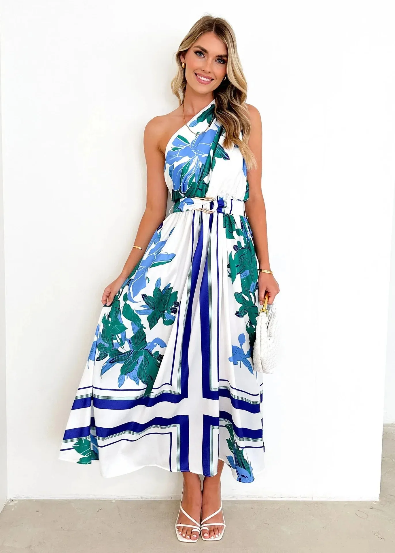 Sleeveless Asymmetric Belted Waist Flowy Maxi Dress