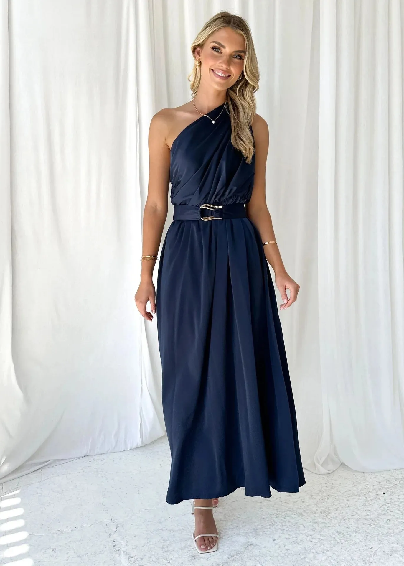 Sleeveless Asymmetric Belted Waist Flowy Maxi Dress