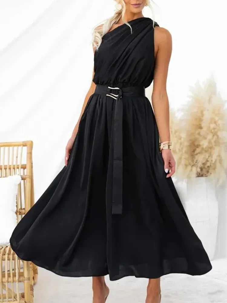 Sleeveless Asymmetric Belted Waist Flowy Maxi Dress