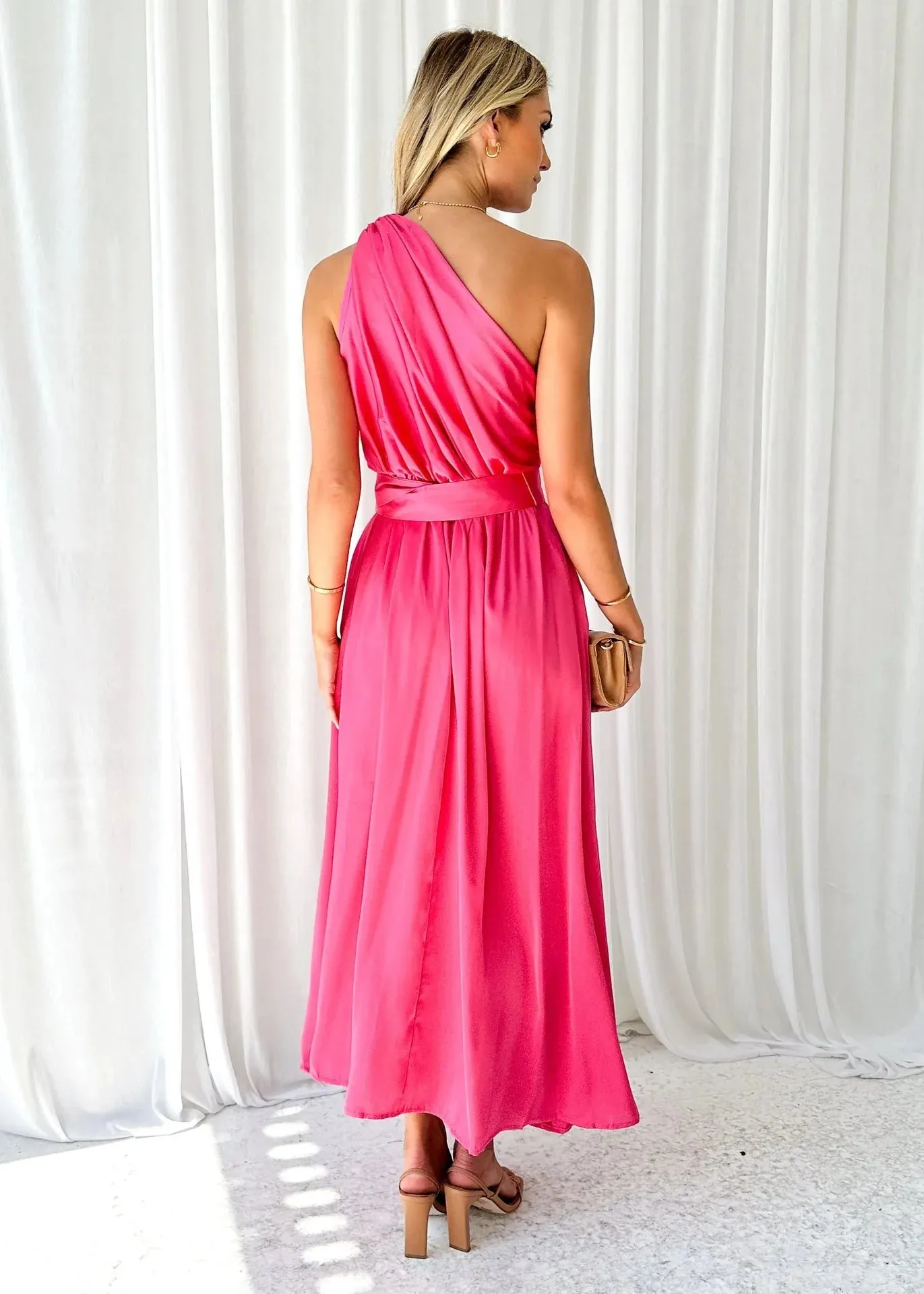 Sleeveless Asymmetric Belted Waist Flowy Maxi Dress