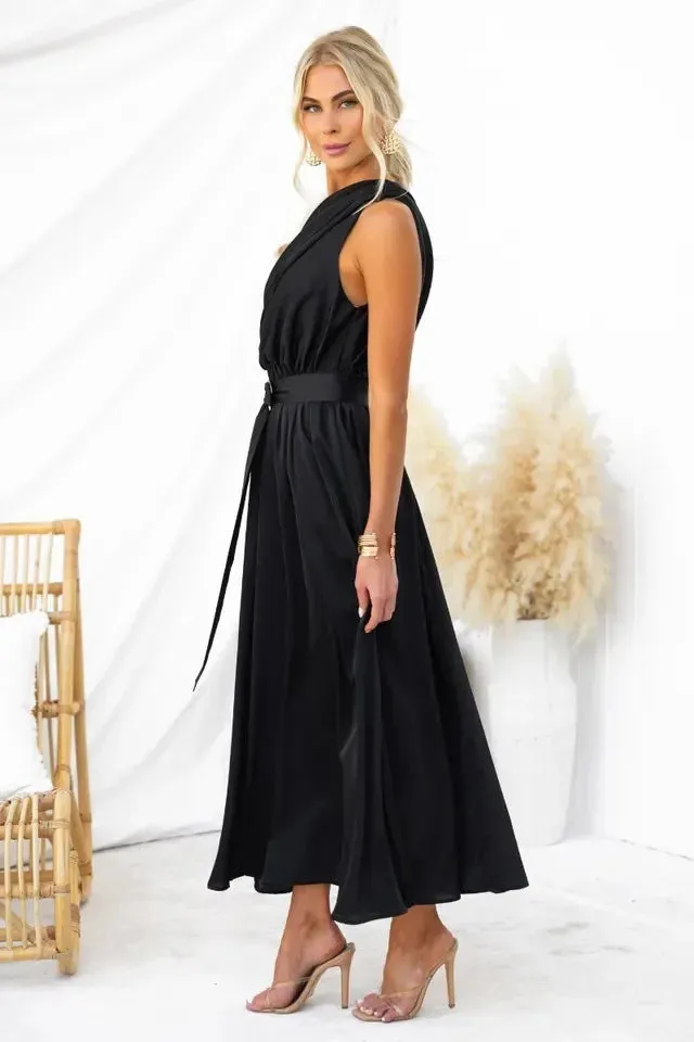 Sleeveless Asymmetric Belted Waist Flowy Maxi Dress