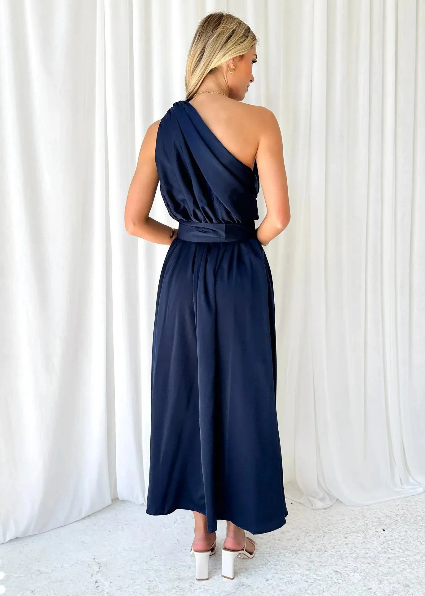 Sleeveless Asymmetric Belted Waist Flowy Maxi Dress