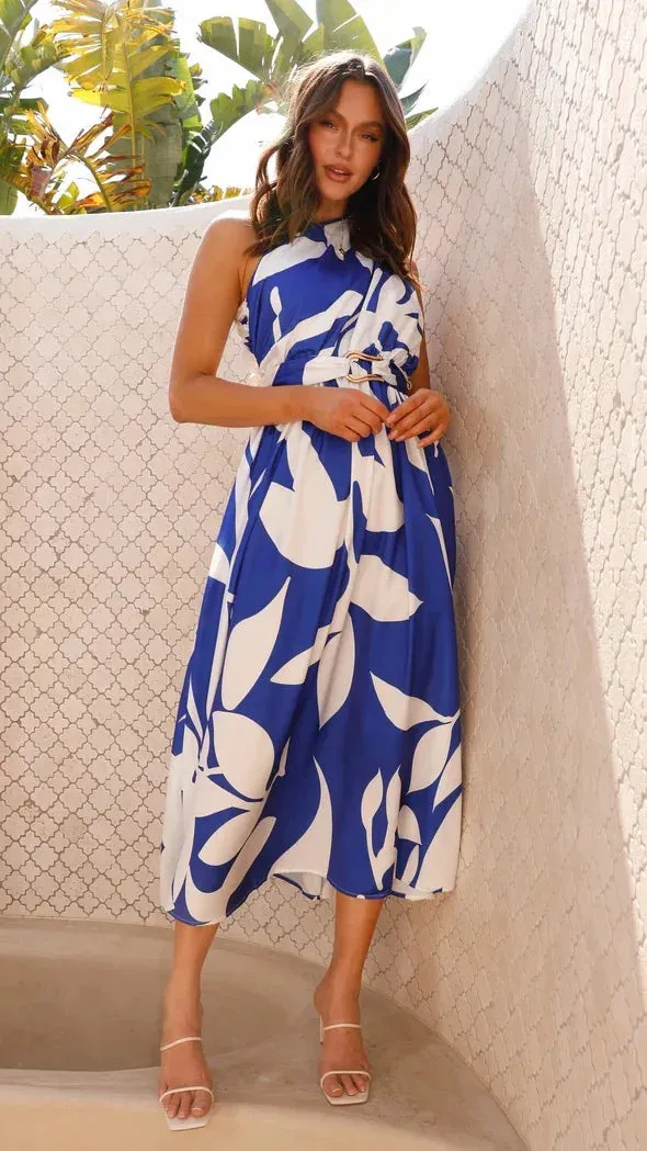 Sleeveless Asymmetric Belted Waist Flowy Maxi Dress