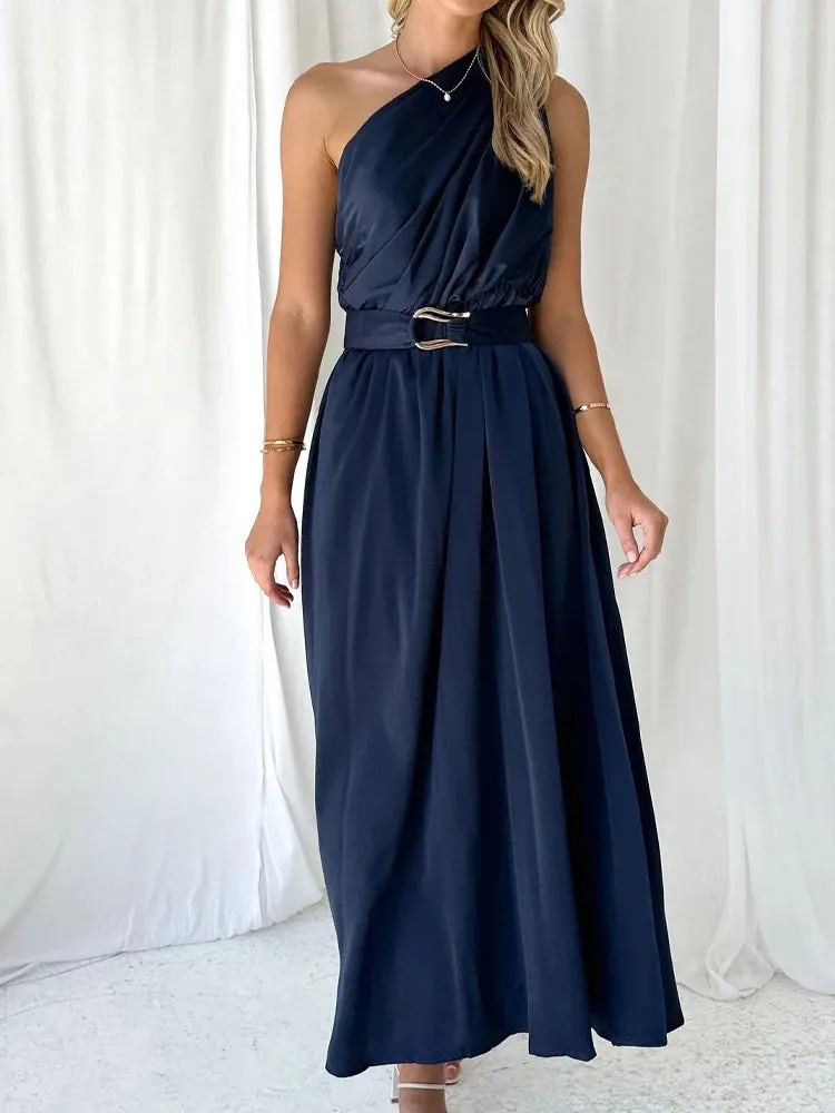 Sleeveless Asymmetric Belted Waist Flowy Maxi Dress