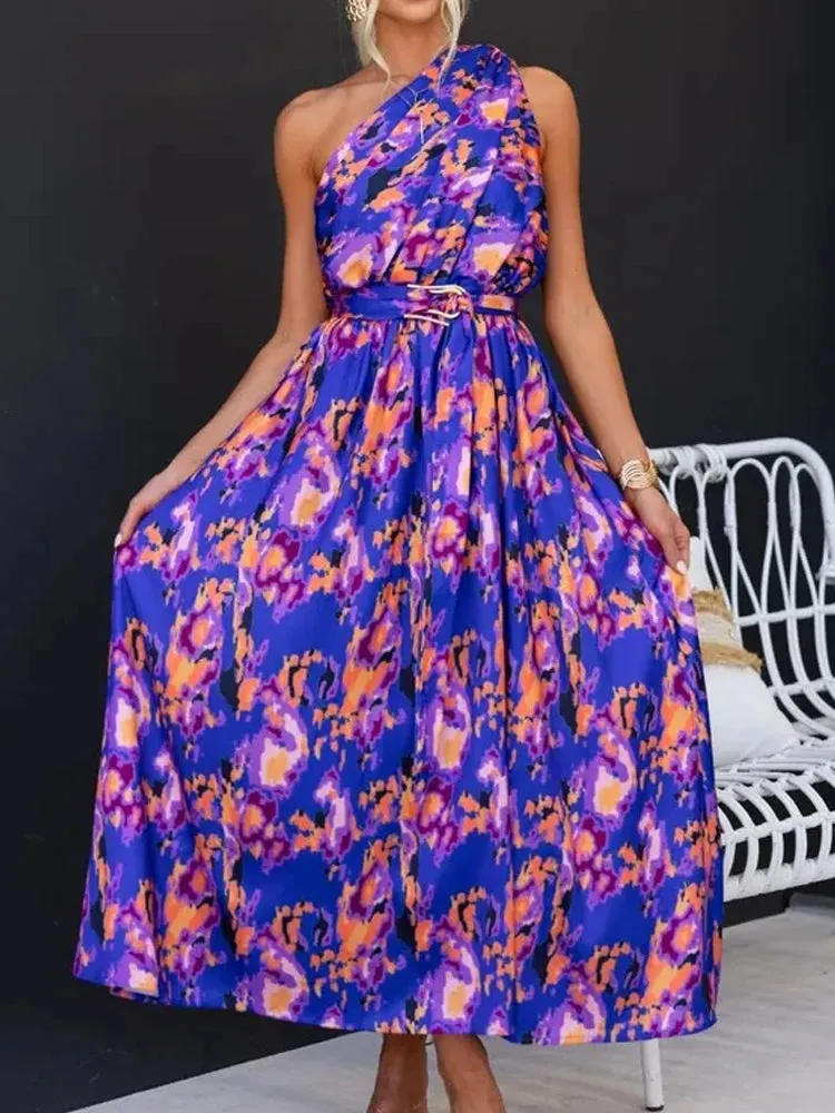 Sleeveless Asymmetric Belted Waist Flowy Maxi Dress