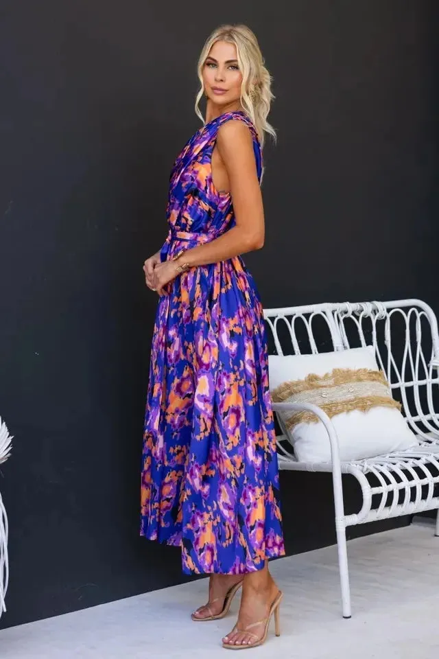 Sleeveless Asymmetric Belted Waist Flowy Maxi Dress