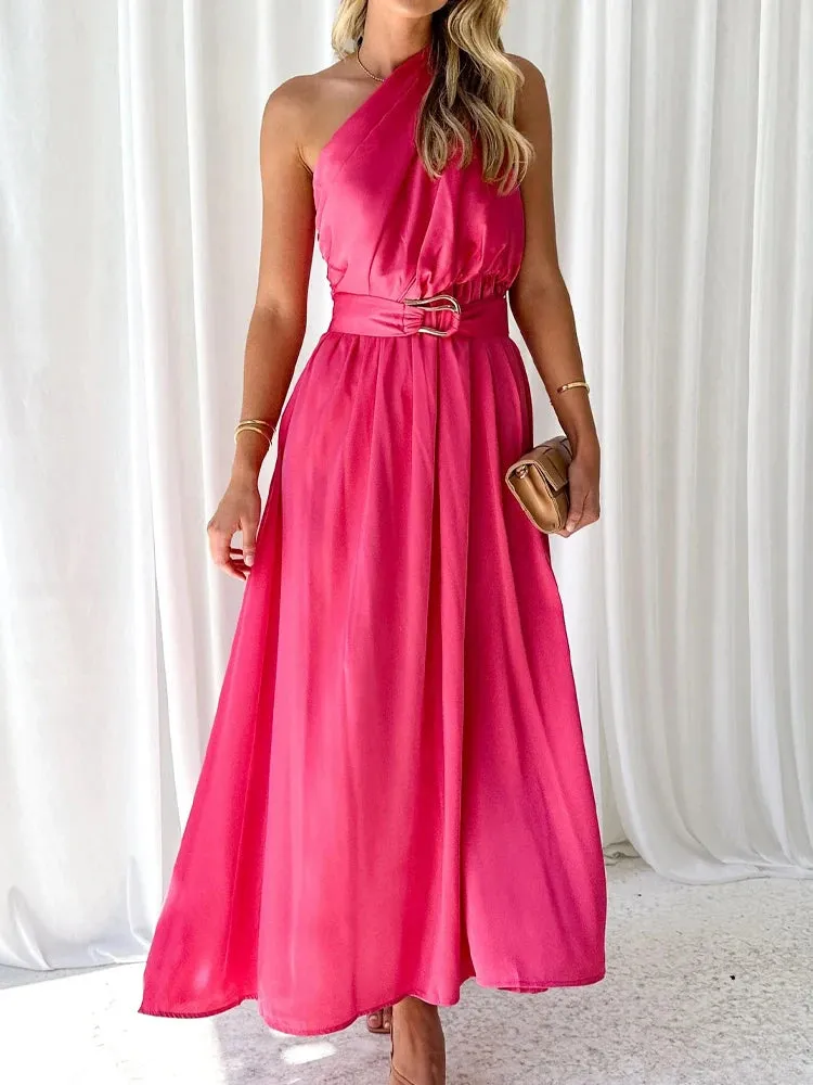 Sleeveless Asymmetric Belted Waist Flowy Maxi Dress