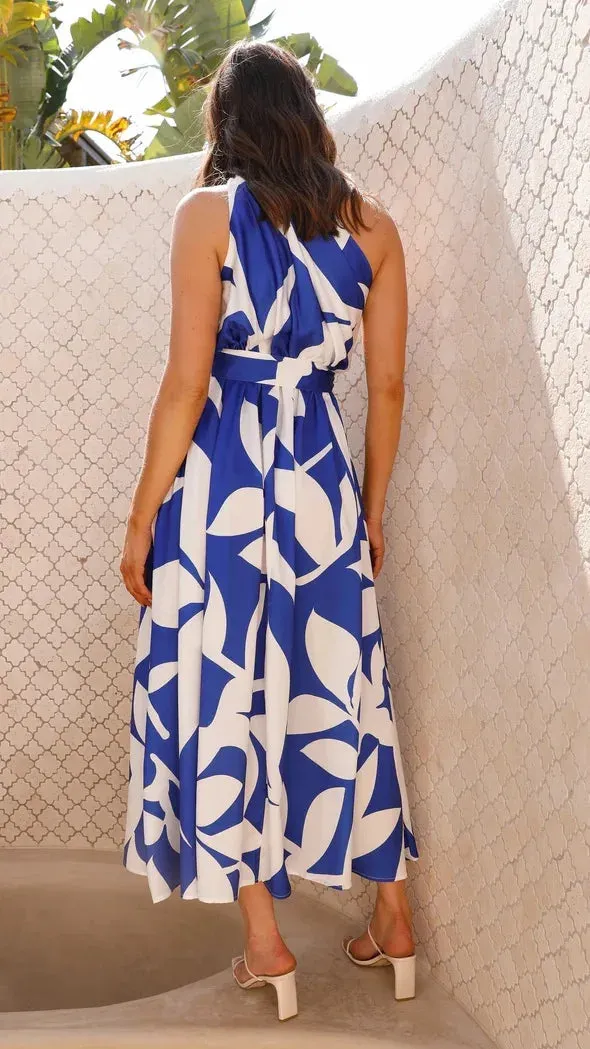 Sleeveless Asymmetric Belted Waist Flowy Maxi Dress