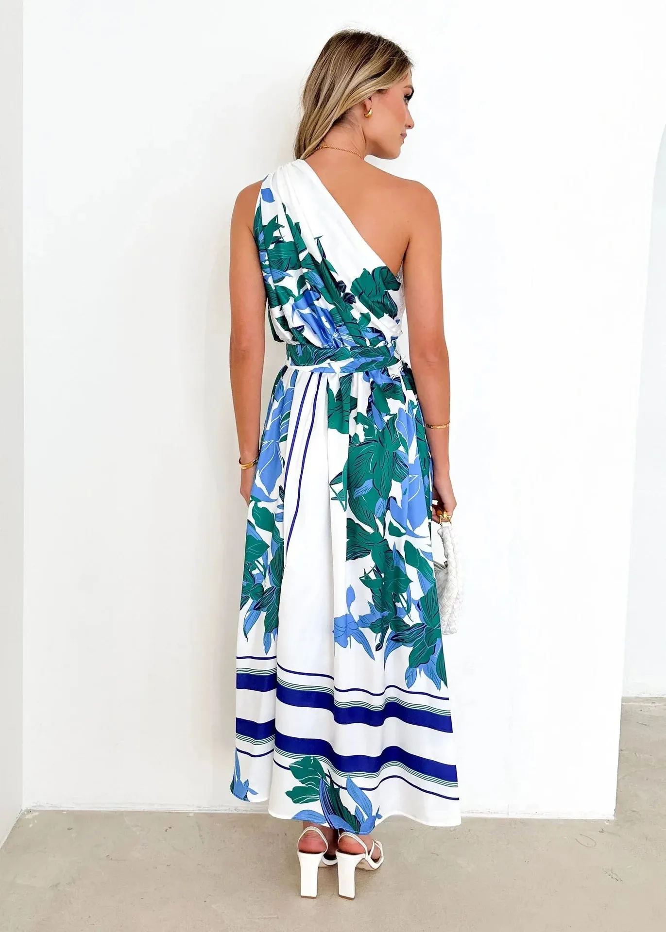 Sleeveless Asymmetric Belted Waist Flowy Maxi Dress