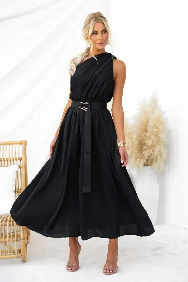 Sleeveless Asymmetric Belted Waist Flowy Maxi Dress