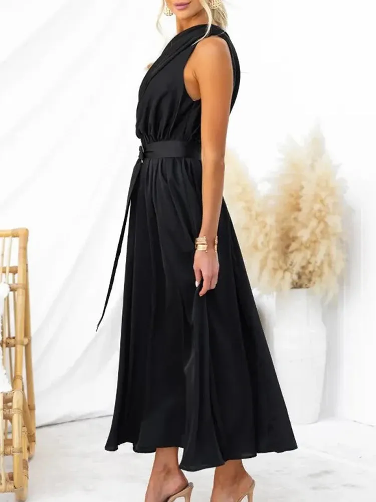 Sleeveless Asymmetric Belted Waist Flowy Maxi Dress