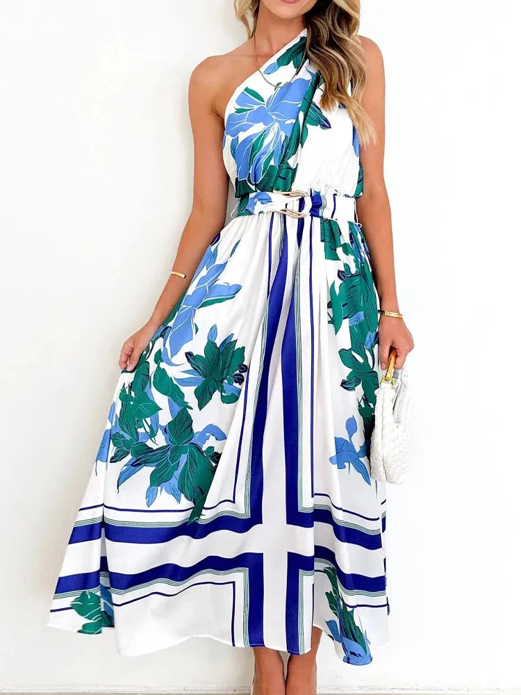 Sleeveless Asymmetric Belted Waist Flowy Maxi Dress