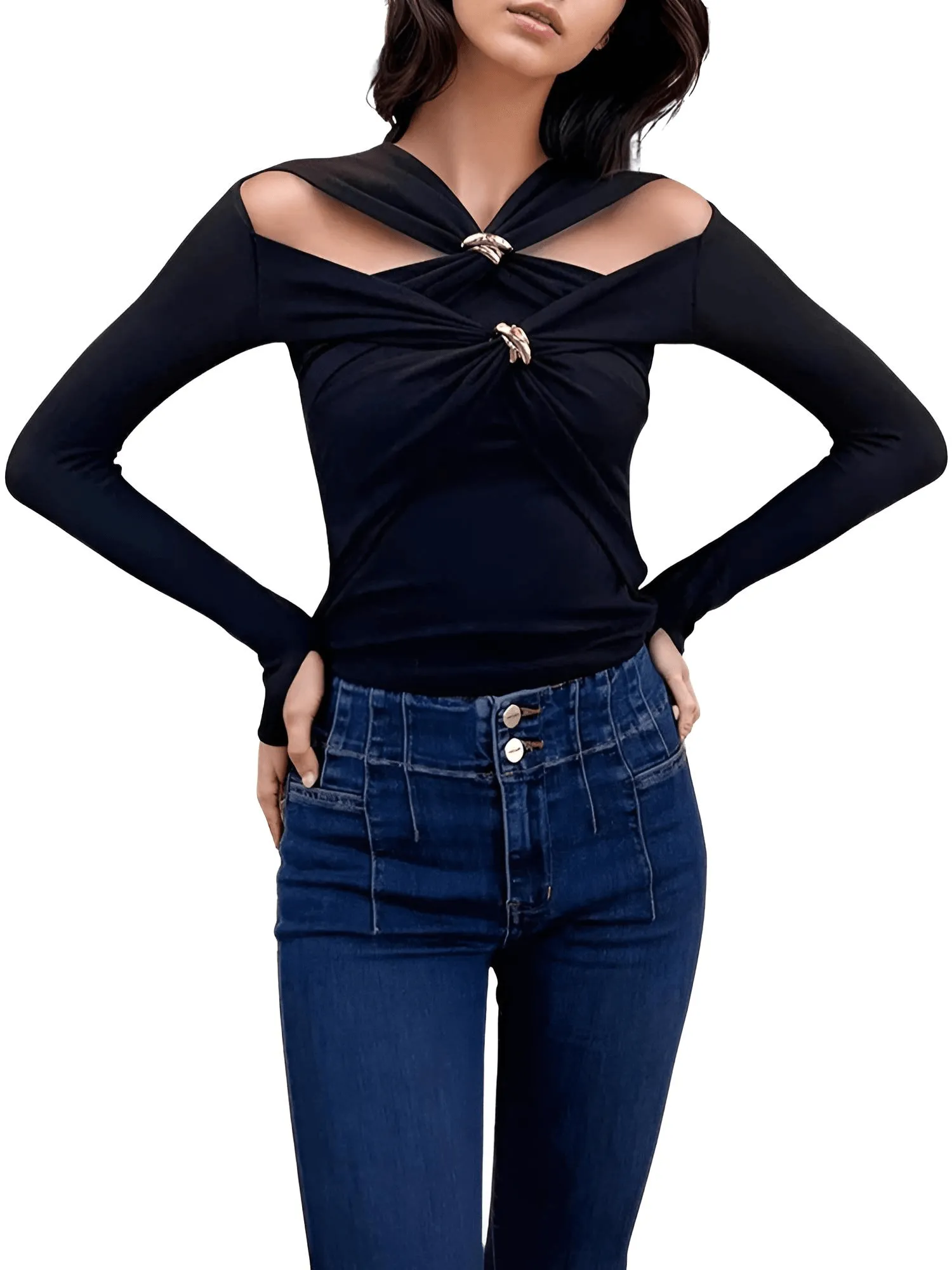 Solid Hollow Out Metal Decor Women's Long Sleeve Shirts Round Neck Female Fashion