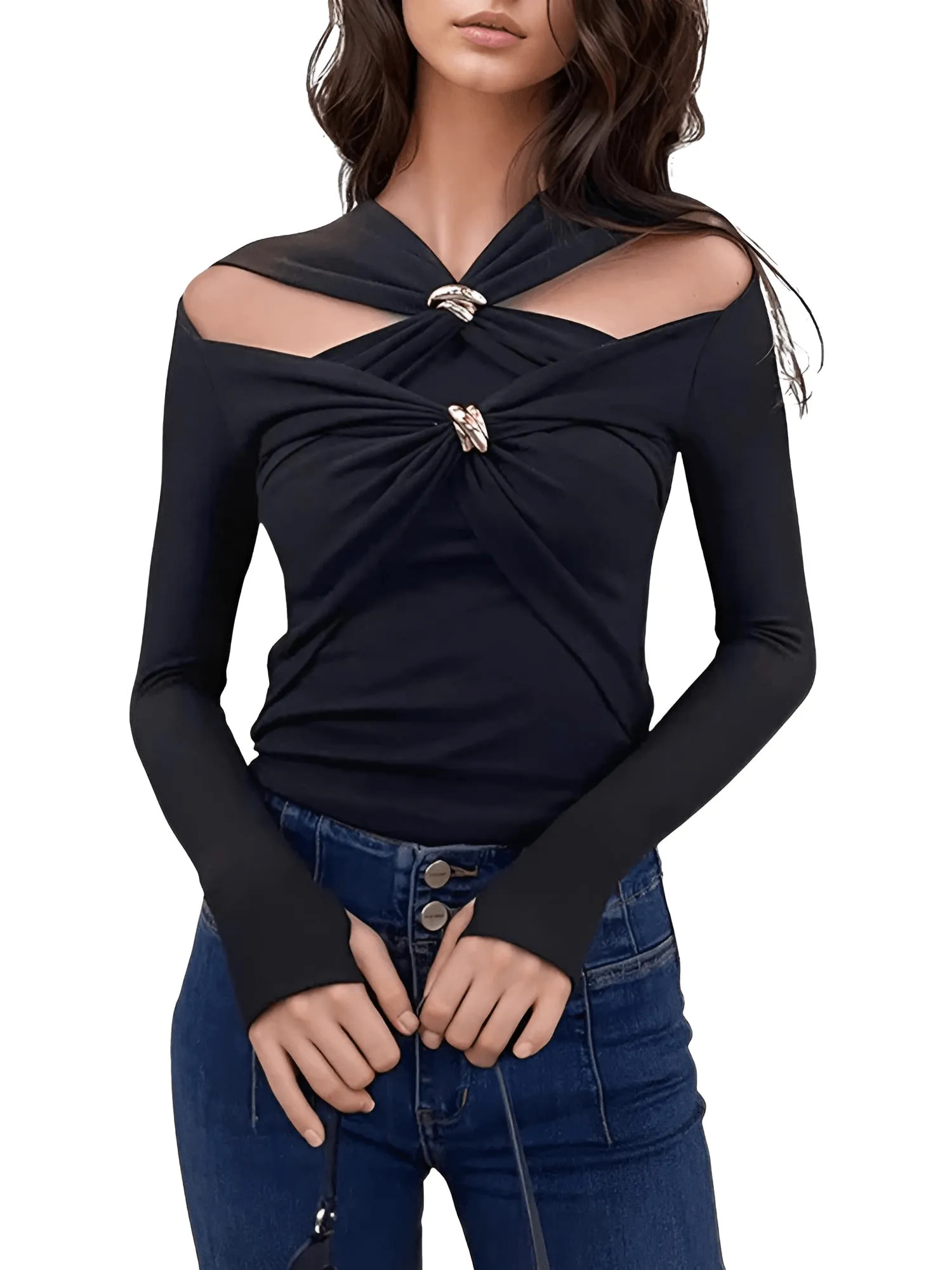 Solid Hollow Out Metal Decor Women's Long Sleeve Shirts Round Neck Female Fashion