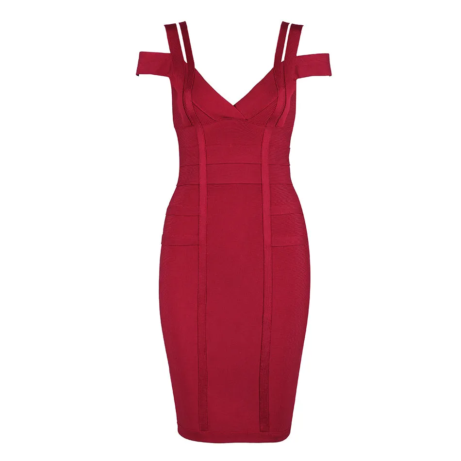 Spaghetti Strap Off Shoulder V-Neck Bodycon Bandage Midi Dress