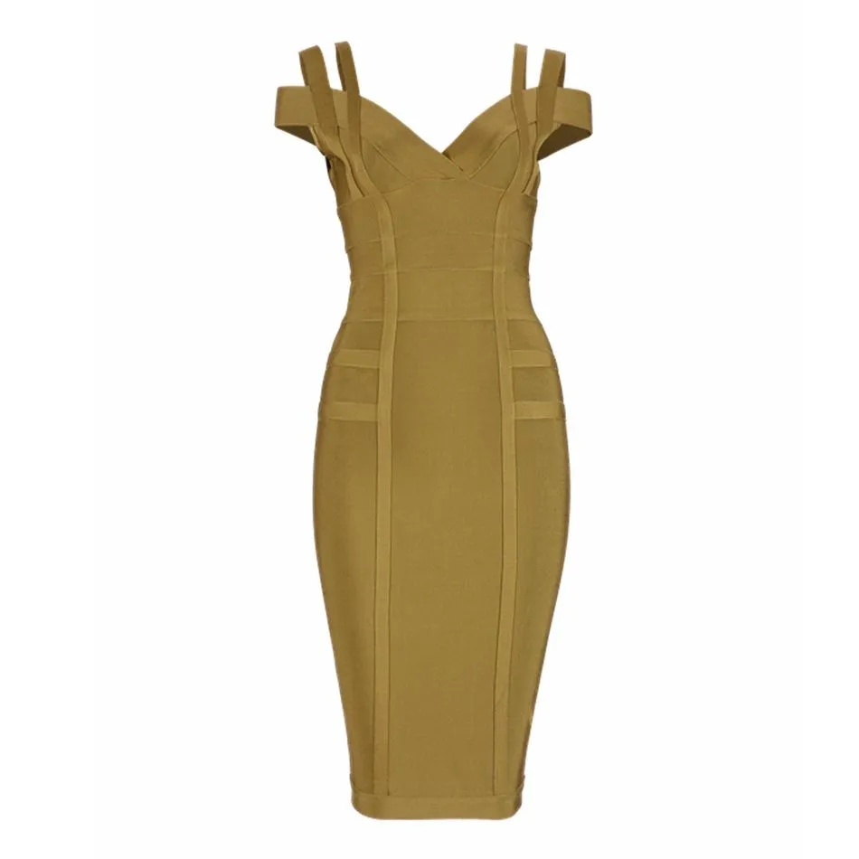 Spaghetti Strap Off Shoulder V-Neck Bodycon Bandage Midi Dress