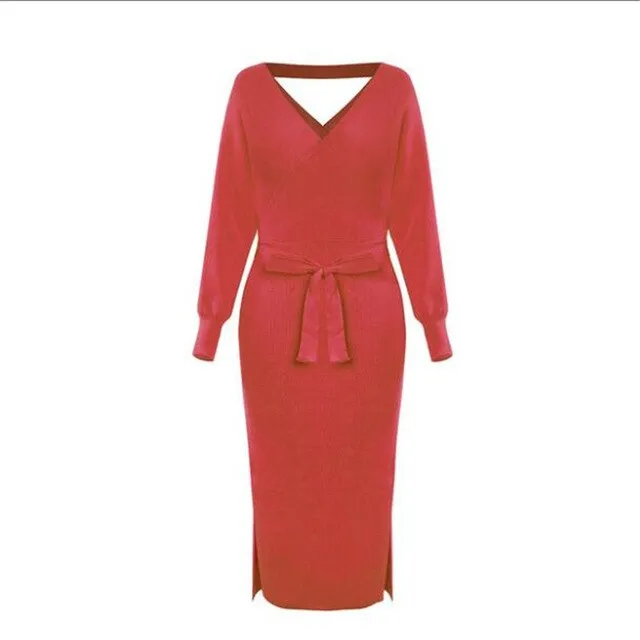 Split V-Neck Sweater Midi Dress with Belt